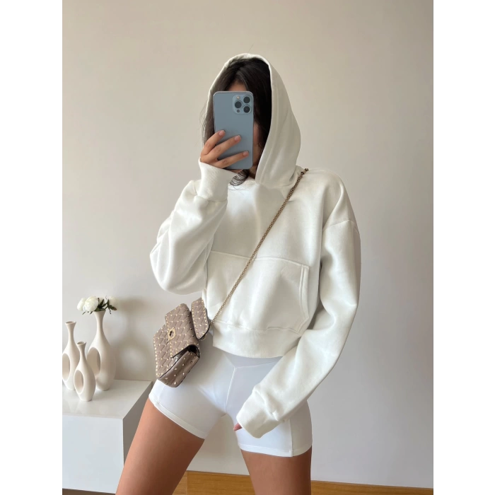 Kapüşonlu Crop Sweat - BEYAZ