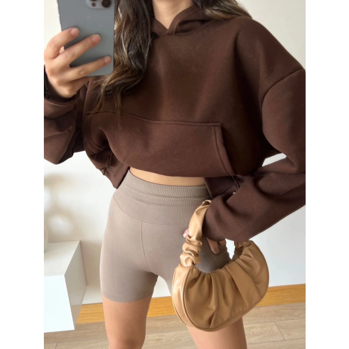 Kapüşonlu Crop Sweat - KAHVE
