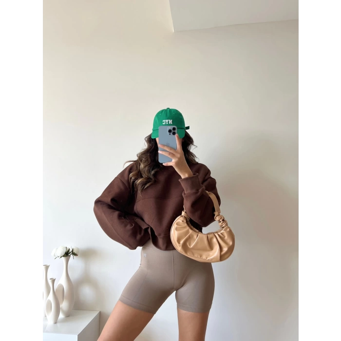 Kapüşonlu Crop Sweat - KAHVE