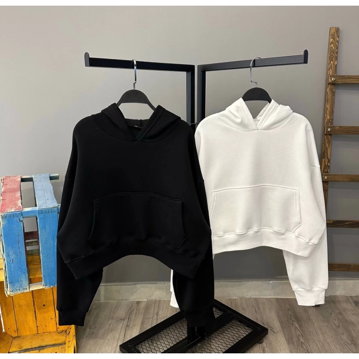 Kapüşonlu Crop Sweat - SİYAH