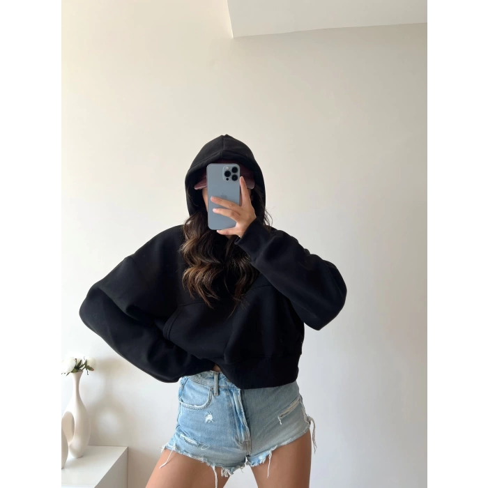 Kapüşonlu Crop Sweat - SİYAH