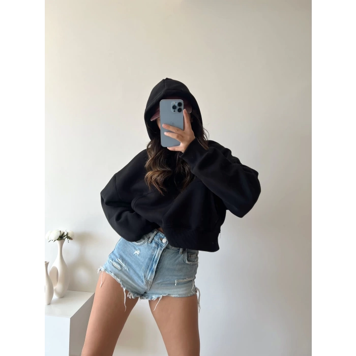 Kapüşonlu Crop Sweat - SİYAH