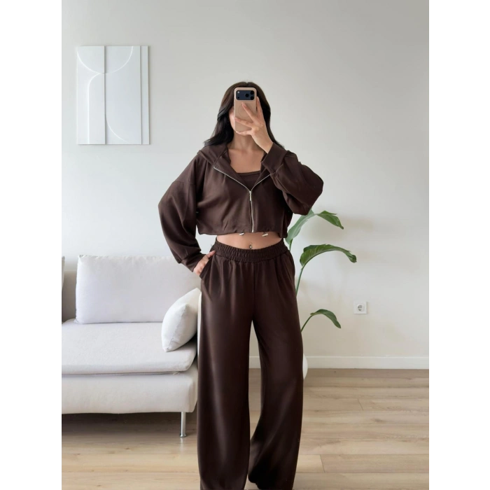 Kapüşonlu Crop Üçlü Takım - KAHVE