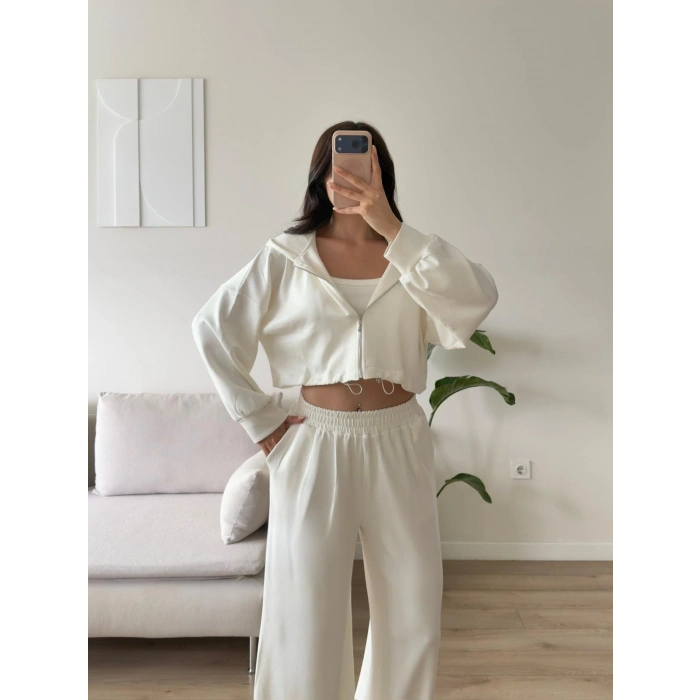 Kapüşonlu Crop Üçlü Takım - BEYAZ