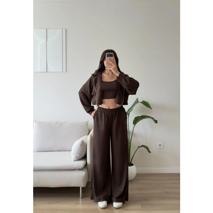 Kapüşonlu Crop Üçlü Takım - KAHVE
