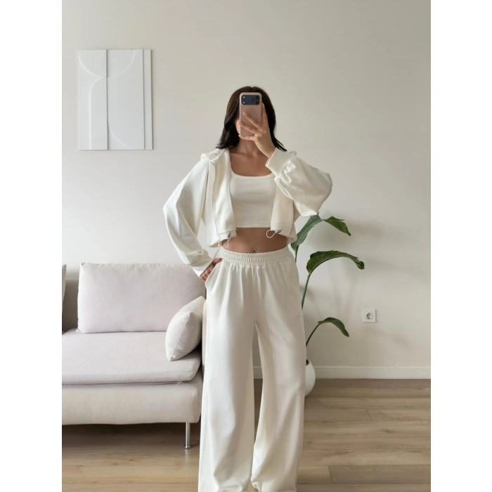 Kapüşonlu Crop Üçlü Takım - BEYAZ