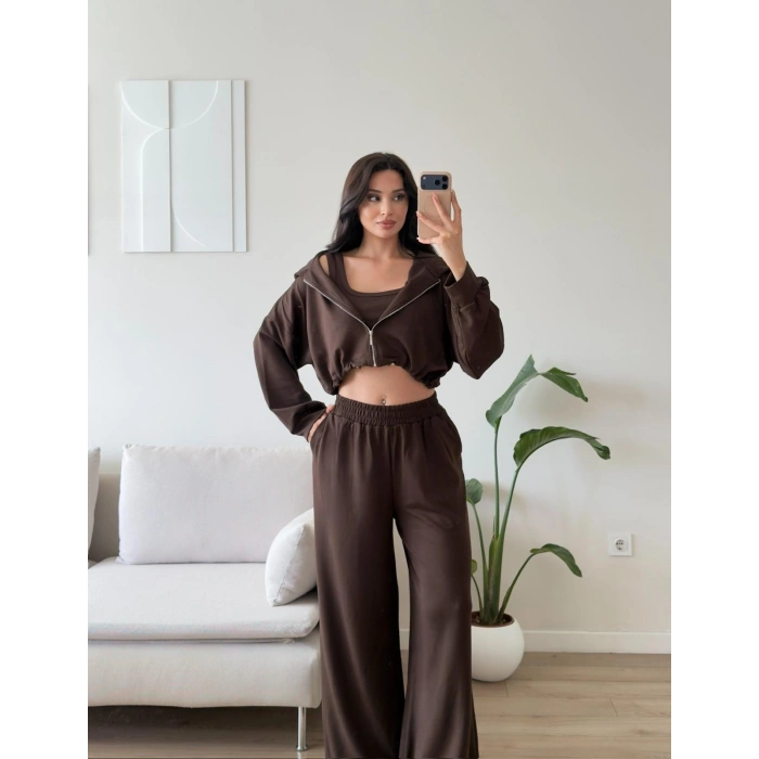 Kapüşonlu Crop Üçlü Takım - KAHVE