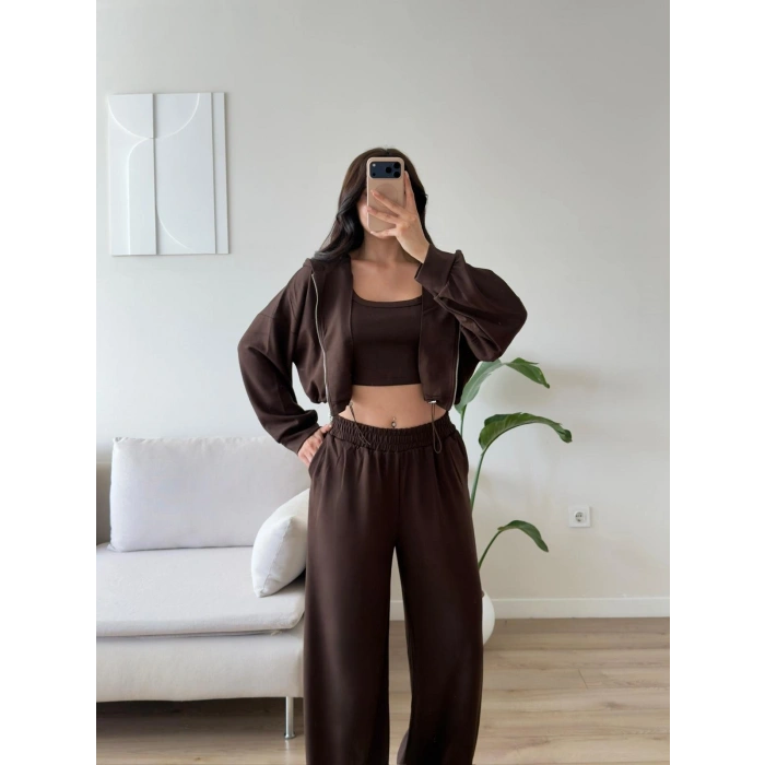 Kapüşonlu Crop Üçlü Takım - KAHVE