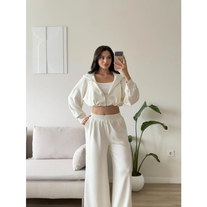 Kapüşonlu Crop Üçlü Takım - BEYAZ