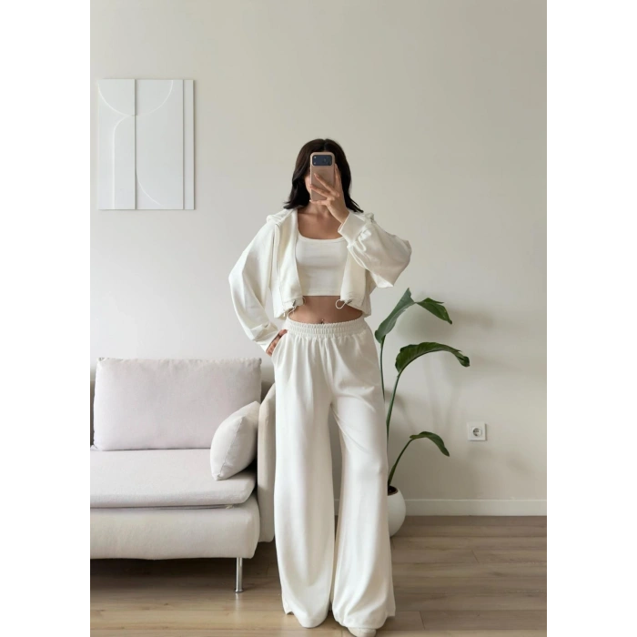 Kapüşonlu Crop Üçlü Takım - BEYAZ