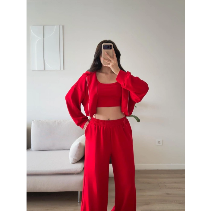 Kapüşonlu Crop Üçlü Takım -  *KIRMIZI