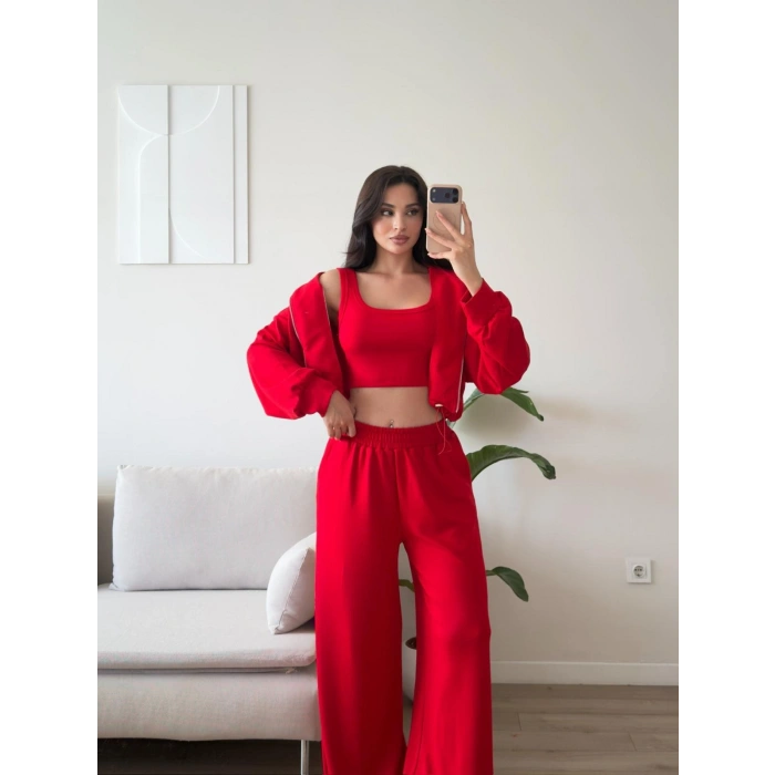 Kapüşonlu Crop Üçlü Takım -  *KIRMIZI