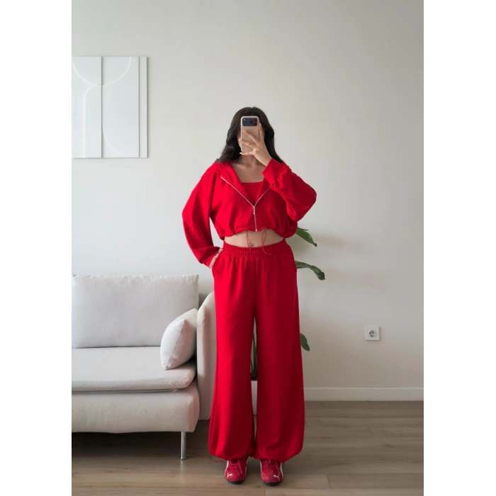Kapüşonlu Crop Üçlü Takım -  *KIRMIZI