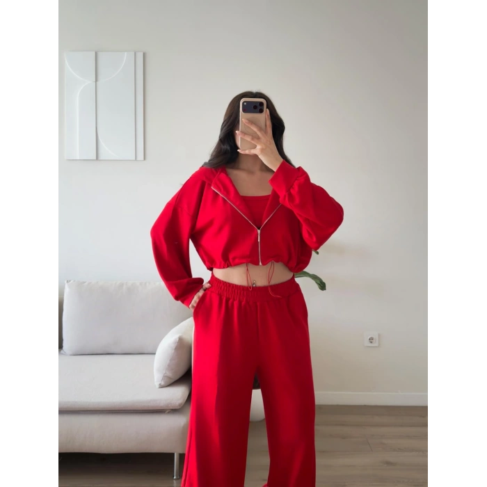 Kapüşonlu Crop Üçlü Takım -  *KIRMIZI