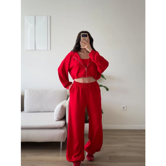 Kapüşonlu Crop Üçlü Takım -  *KIRMIZI