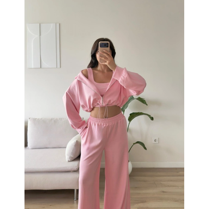 Kapüşonlu Crop Üçlü Takım - PEMBE
