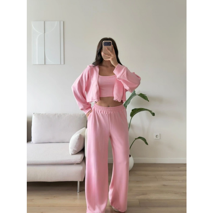Kapüşonlu Crop Üçlü Takım - PEMBE
