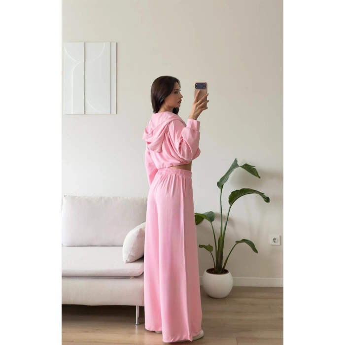 Kapüşonlu Crop Üçlü Takım - PEMBE