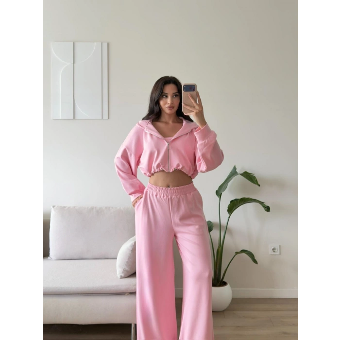 Kapüşonlu Crop Üçlü Takım - PEMBE