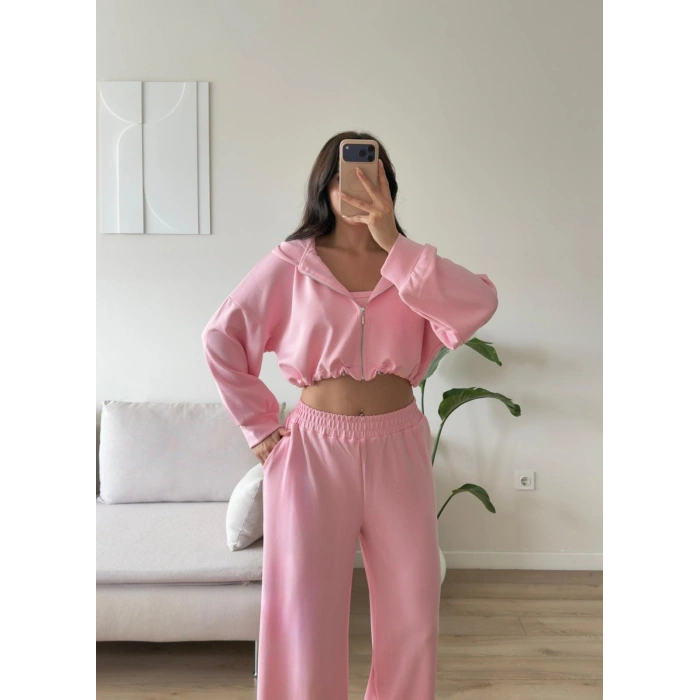 Kapüşonlu Crop Üçlü Takım - PEMBE