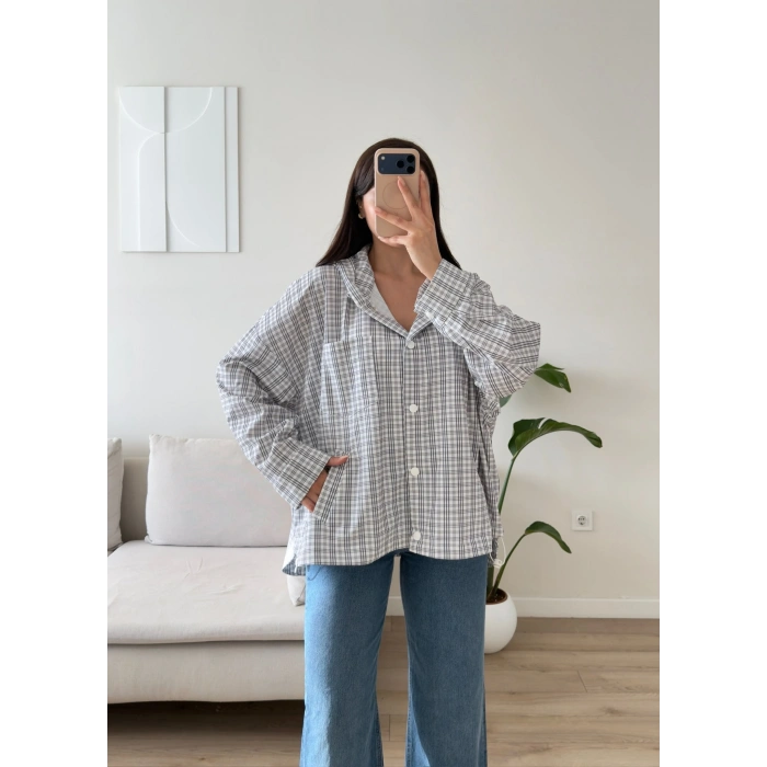 Kapüşonlu Ekose Oversize Ceket - BEYAZ