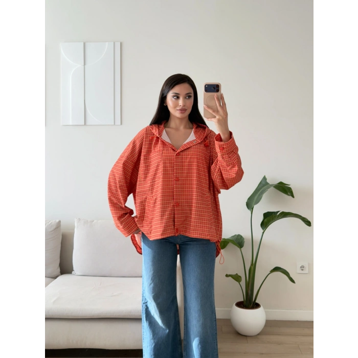 Kapüşonlu Ekose Oversize Ceket - TURUNCU
