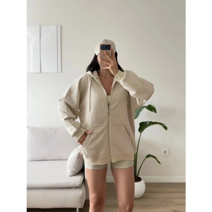 Kapüşonlu Oversize Fermuarlı Hırka - BEJ