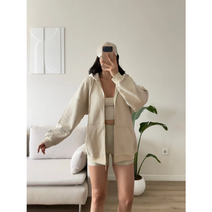 Kapüşonlu Oversize Fermuarlı Hırka - BEJ