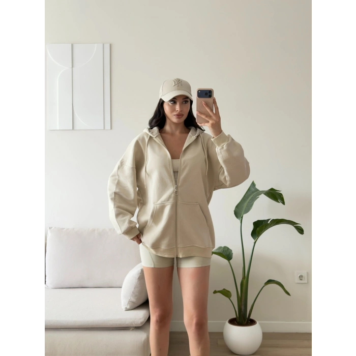 Kapüşonlu Oversize Fermuarlı Hırka - BEJ