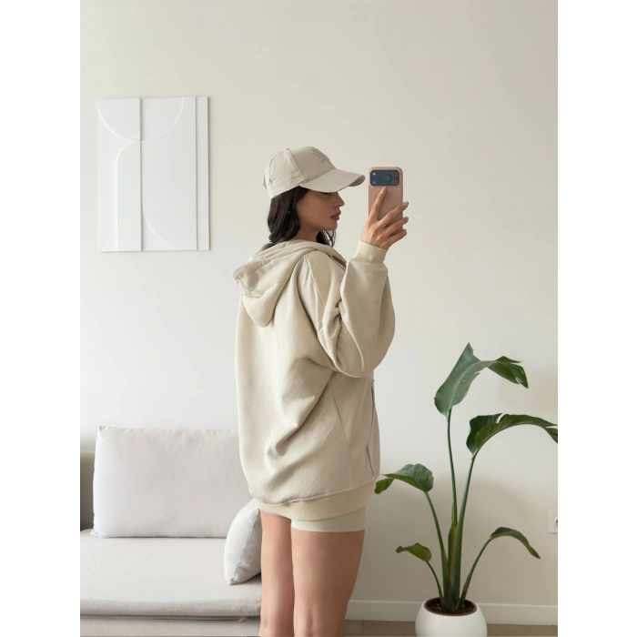 Kapüşonlu Oversize Fermuarlı Hırka - BEJ