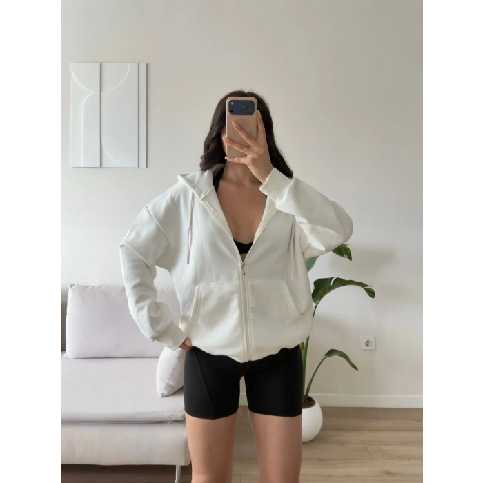 Kapüşonlu Oversize Fermuarlı Hırka - BEYAZ