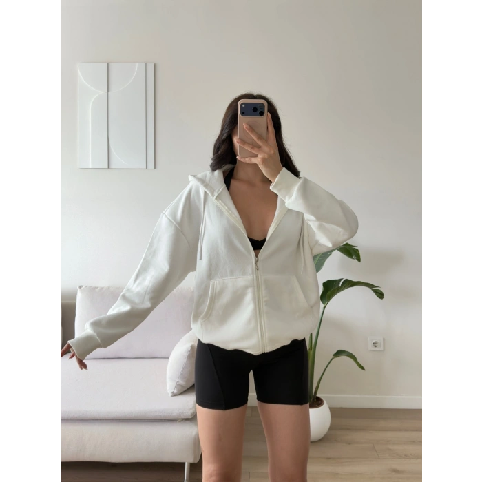Kapüşonlu Oversize Fermuarlı Hırka - BEYAZ