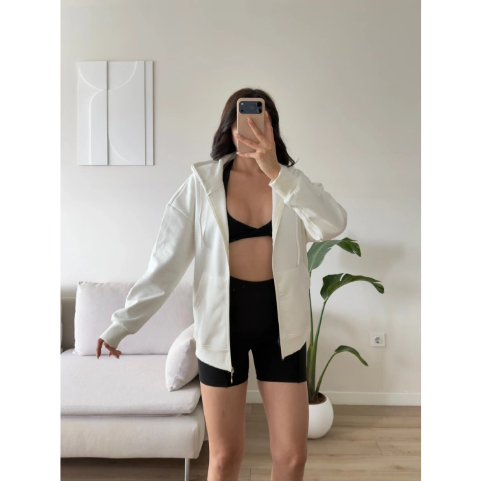 Kapüşonlu Oversize Fermuarlı Hırka - BEYAZ