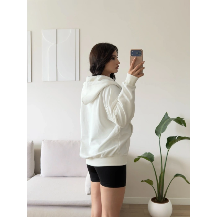 Kapüşonlu Oversize Fermuarlı Hırka - BEYAZ