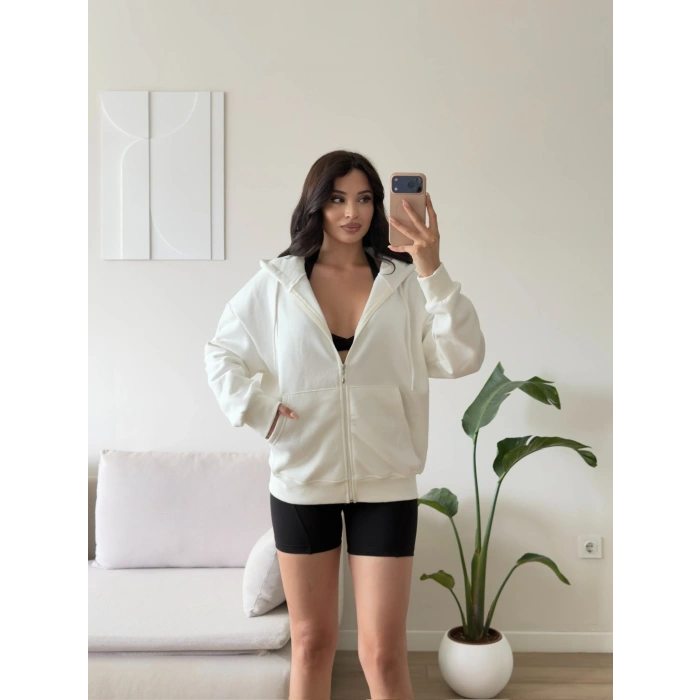 Kapüşonlu Oversize Fermuarlı Hırka - BEYAZ