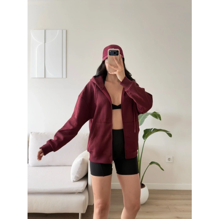 Kapüşonlu Oversize Fermuarlı Hırka - BORDO