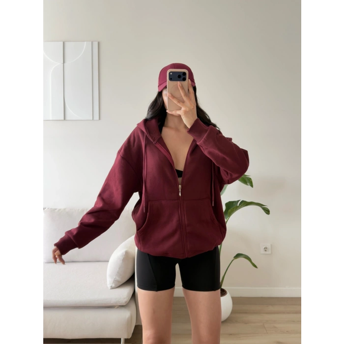Kapüşonlu Oversize Fermuarlı Hırka - BORDO