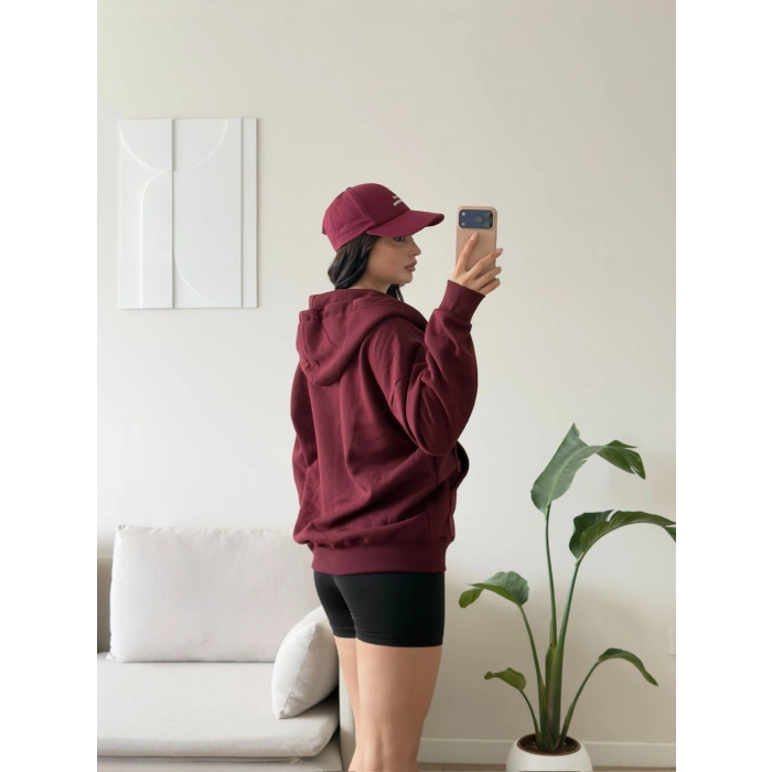 Kapüşonlu Oversize Fermuarlı Hırka - BORDO