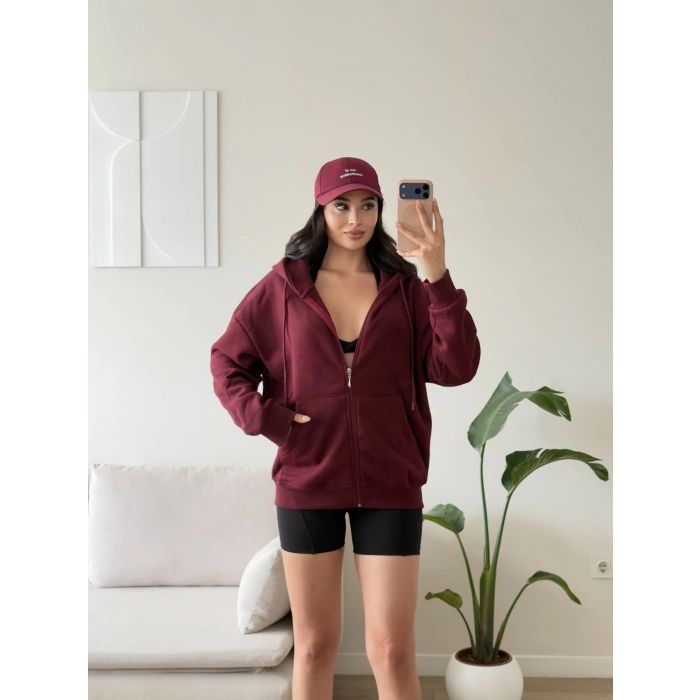 Kapüşonlu Oversize Fermuarlı Hırka - BORDO