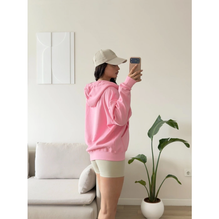 Kapüşonlu Oversize Fermuarlı Hırka - PEMBE