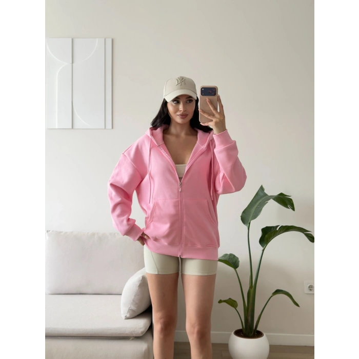 Kapüşonlu Oversize Fermuarlı Hırka - PEMBE