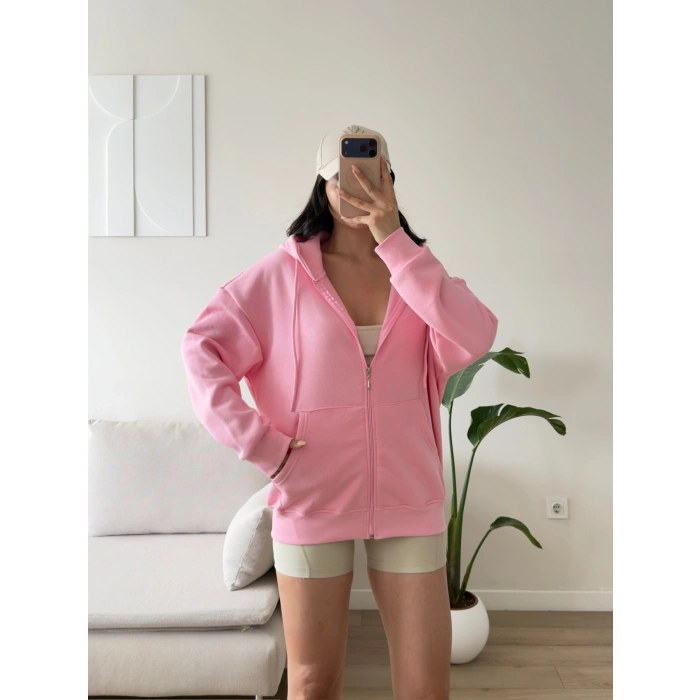 Kapüşonlu Oversize Fermuarlı Hırka - PEMBE