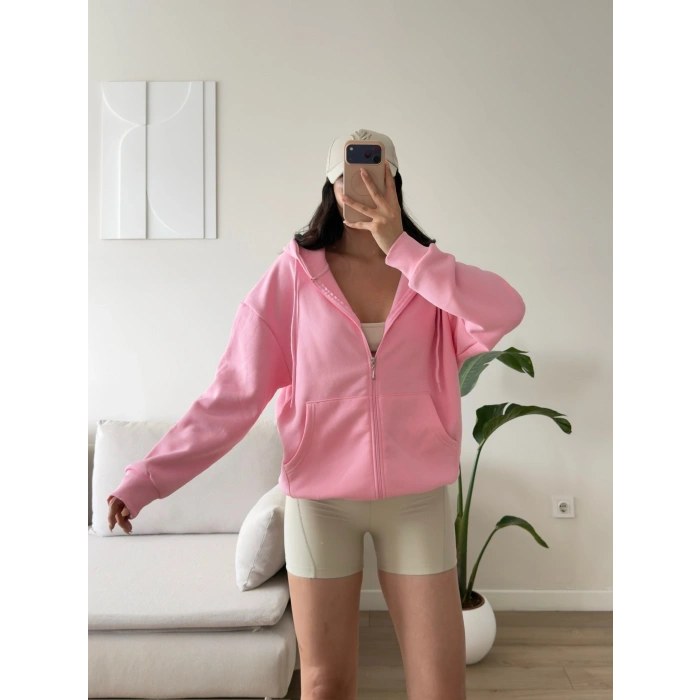 Kapüşonlu Oversize Fermuarlı Hırka - PEMBE