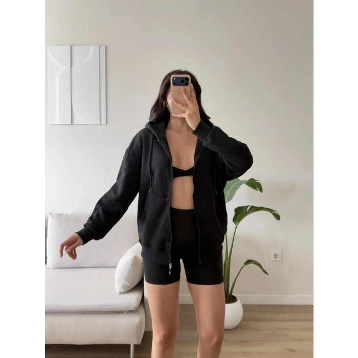 Kapüşonlu Oversize Fermuarlı Hırka - SİYAH
