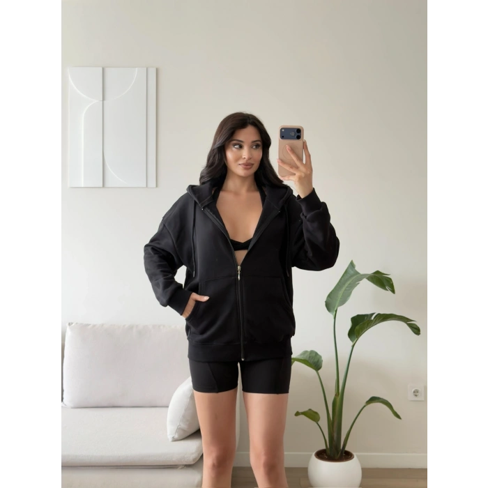 Kapüşonlu Oversize Fermuarlı Hırka - SİYAH