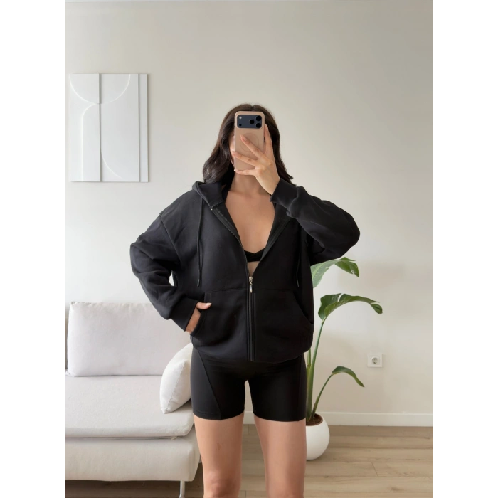 Kapüşonlu Oversize Fermuarlı Hırka - SİYAH