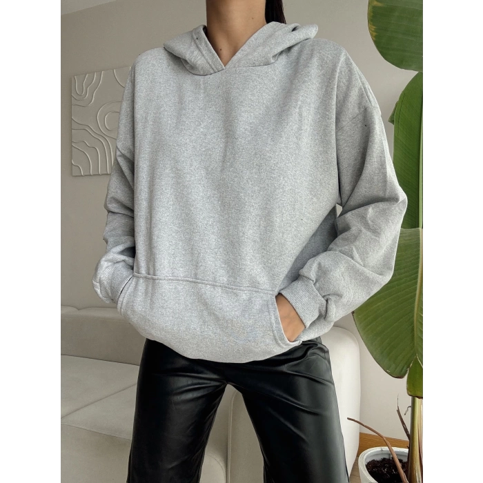 Kapüşonlu Oversize Kanguru Cep Sweat - GRİ