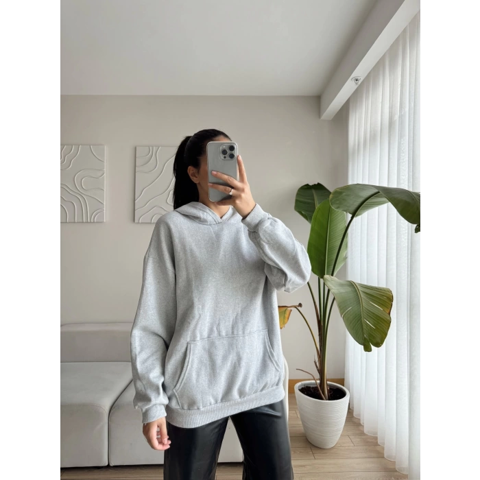 Kapüşonlu Oversize Kanguru Cep Sweat - GRİ