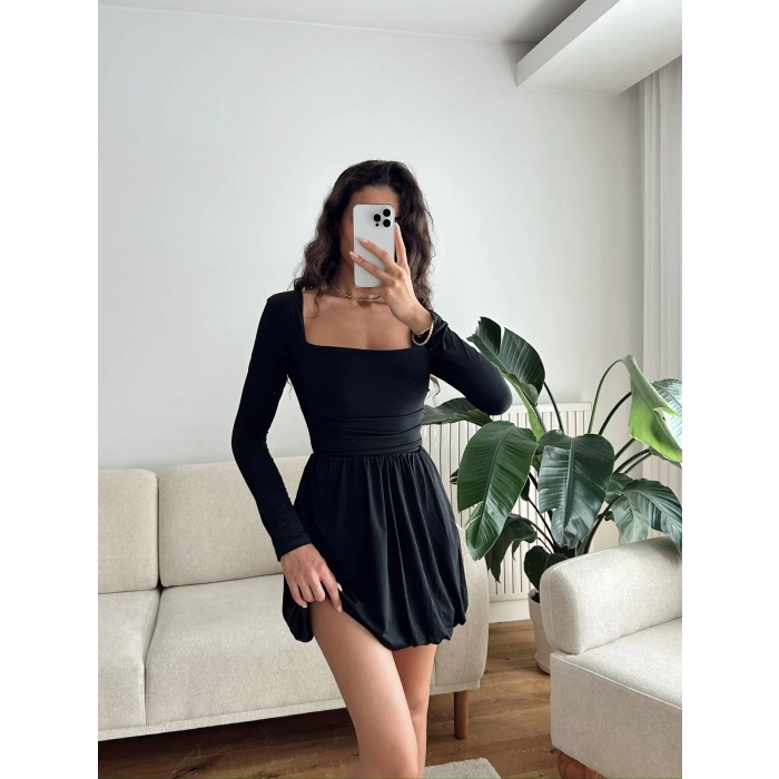 Kare Yaka Balon Etek Elbise - SİYAH