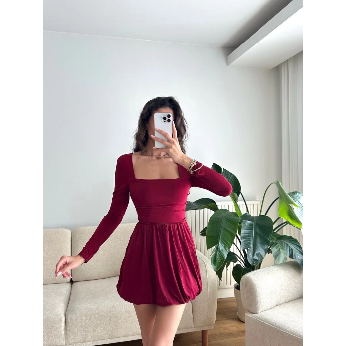 Kare Yaka Balon Etek Elbise - BORDO